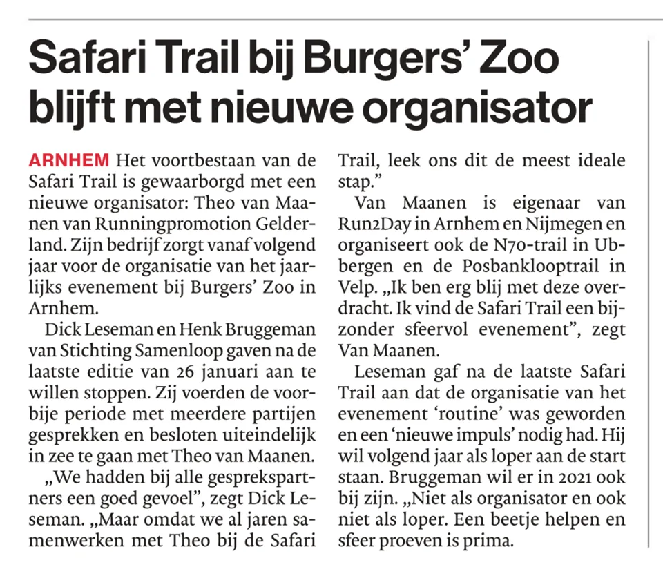 Krantenartikel over Safari Trail