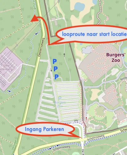 Kaart van de parkeerroute: via de Schelmseweg het parkeerterrein op, te voet naar de start op Kattenberg