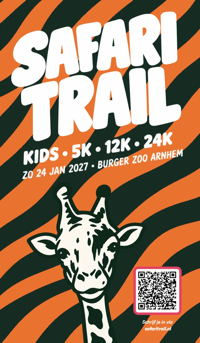 Poster 1, oranje-groen gestreept met de giraffe: Safari Trail, kids, 5K, 12K, 24K, zondag 24 januari 2027, Burgers' Zoo Arnhem
