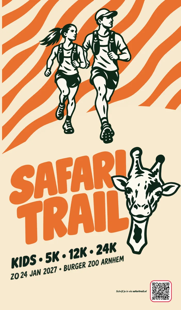 Poster 2, twee lopers op cream met oranje strepen: Safari Trail, kids, 5K, 12K, 24K, zondag 24 januari 2027, Burgers' Zoo Arnhem