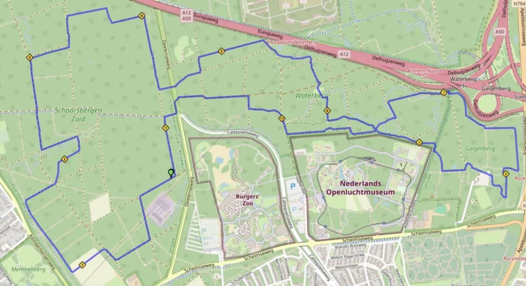 Kaart van de grote ronde van 12 kilometer rond Burgers' Zoo, Schaarsbergen en de Waterberg